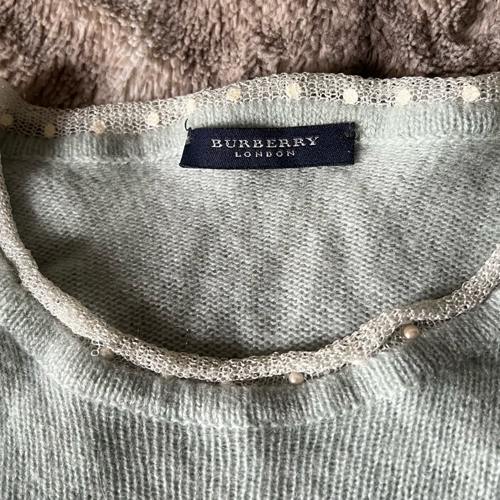 Delicate Burberry aqua colored crewneck with seed pearls